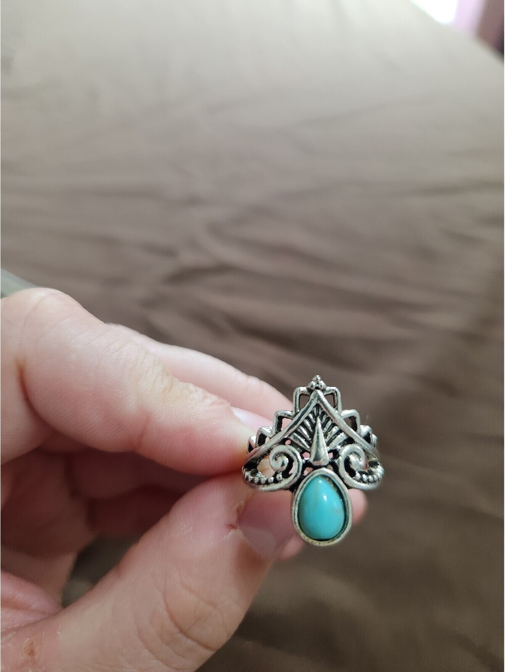 Vintage Style Silver Tone Ring with Faux Turquoise Stone Size 6.5
